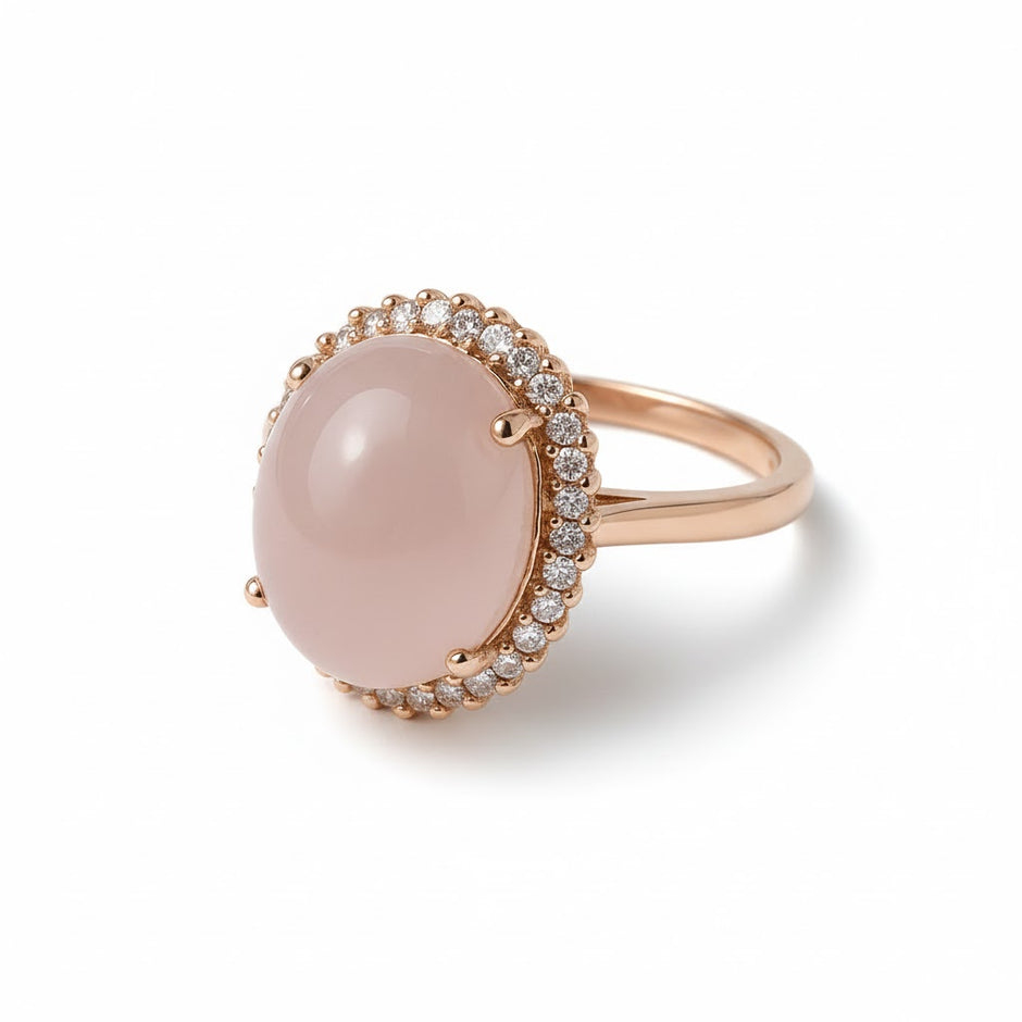 " ROSALYA" Bague avec quatz rose sertie de pierre zircon en vermeil rose