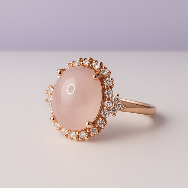 " ROSALYA" Bague avec quatz rose sertie de pierre zircon en vermeil rose