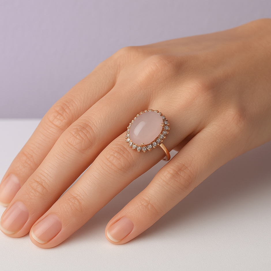 " ROSALYA" Bague avec quatz rose sertie de pierre zircon en vermeil rose
