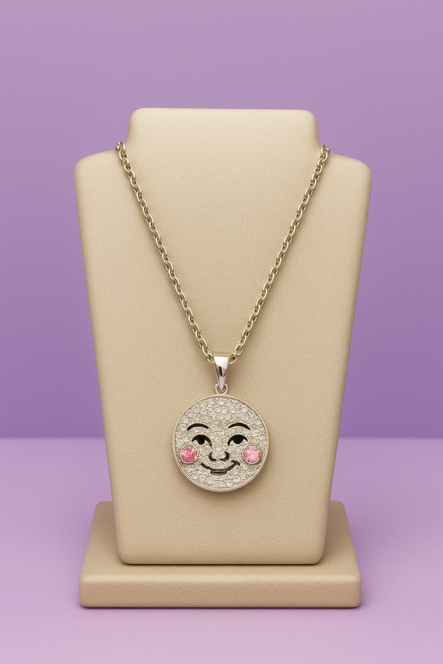 "ROSIA" Chaîne et pendentif emoticone joue rose en acier inoxydable argenté