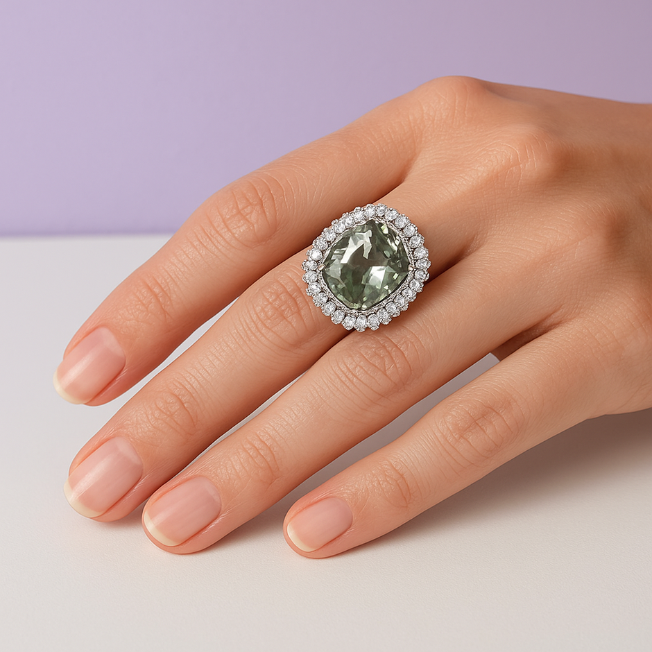 SAUGE Bague ajustable empire argent 925 prasiolite sertie de zircons