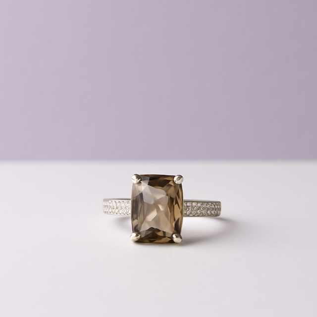 "SMOKIA" Bague quatz fumé sertie de pierre zircon en argent