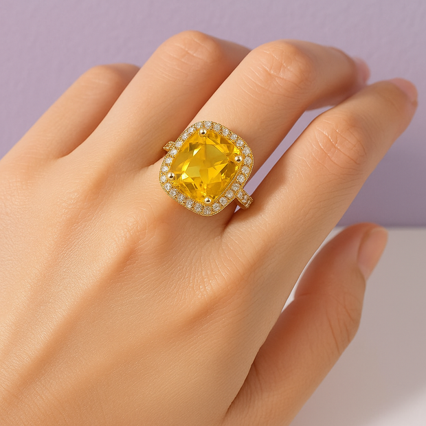 "SOLTIS" Bague strass forme crushed ice cushion jaune en acier inoxydable doré