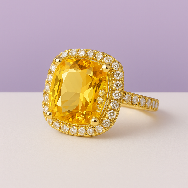 "SOLTIS" Bague strass forme crushed ice cushion jaune en acier inoxydable doré