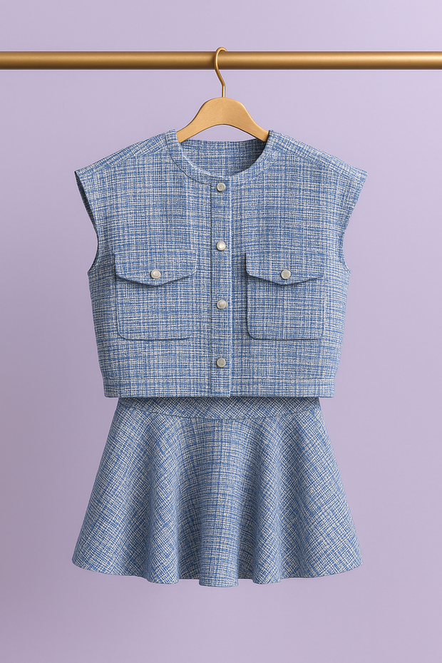 "TRUDIA " Ensemble jupe tweed NAF NAF bleu et blanc avec surpiqure doré