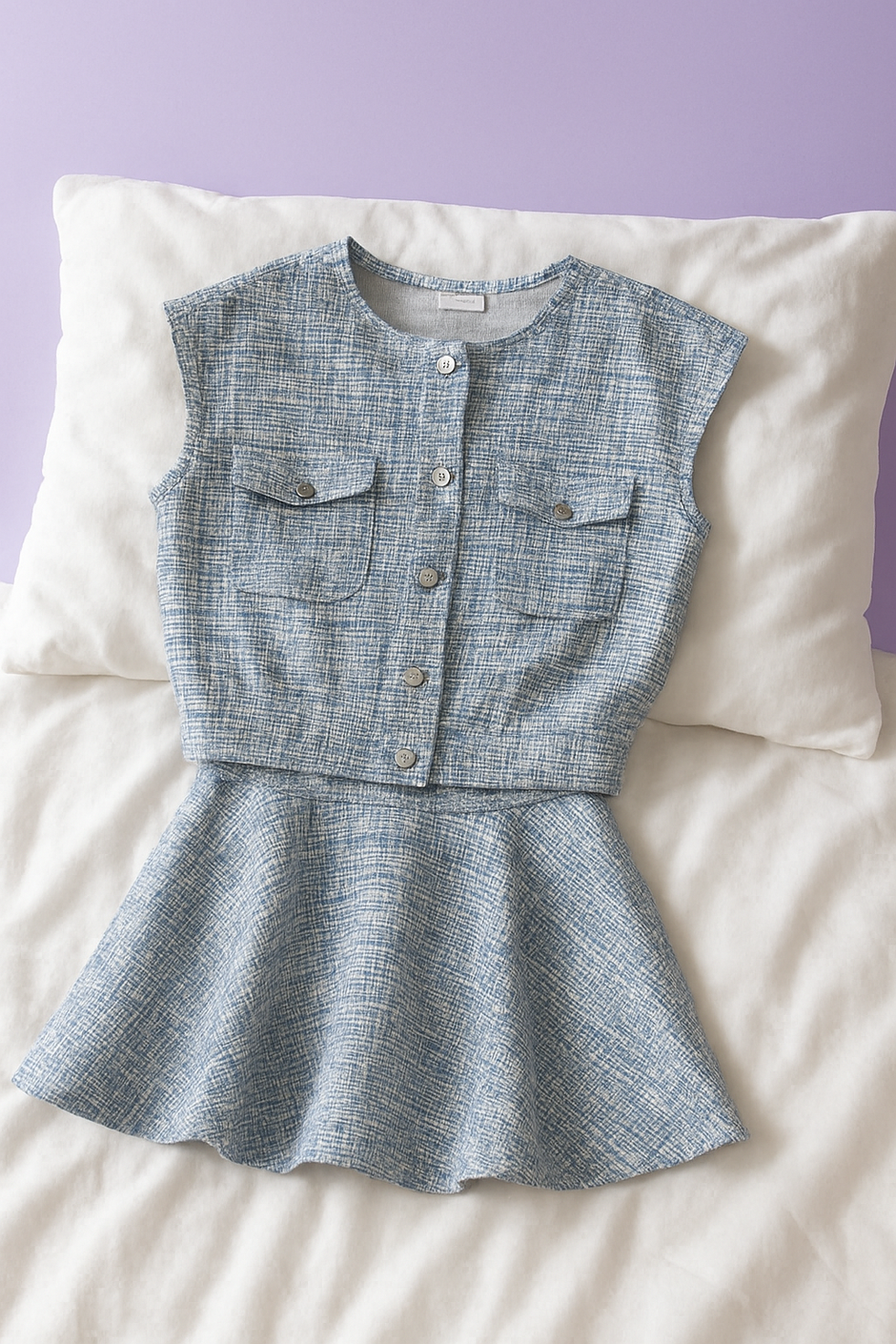"TRUDIA " Ensemble jupe tweed NAF NAF bleu et blanc avec surpiqure doré