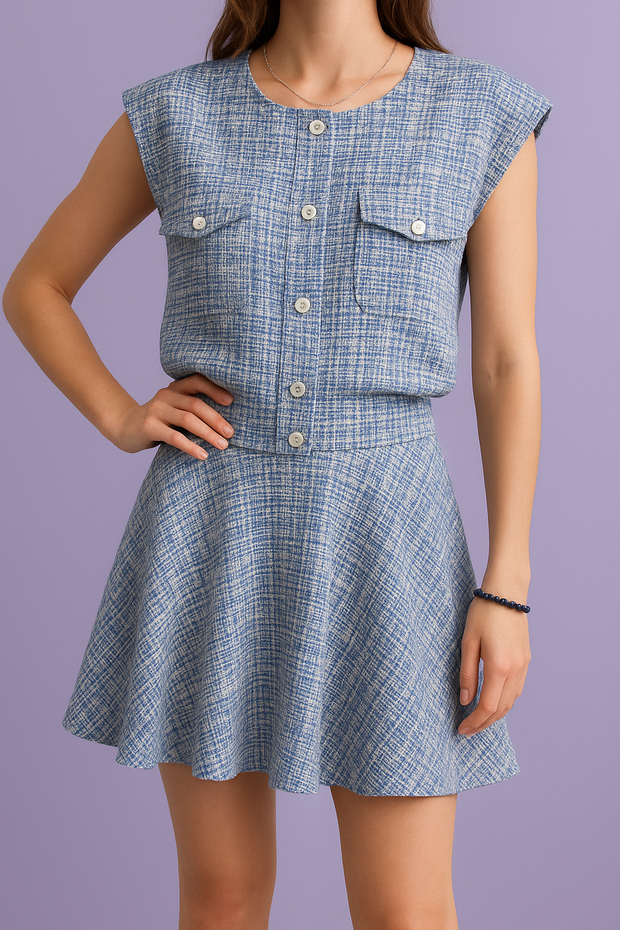 "TRUDIA " Ensemble jupe tweed NAF NAF bleu et blanc avec surpiqure doré