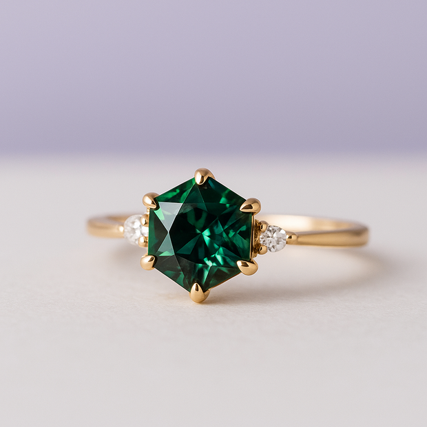 "VERIDIA" Bague forme hexagone verte acier inoxydable argenté